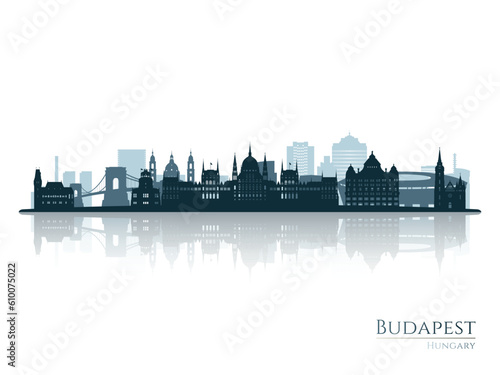 Budapest skyline silhouette with reflection. Landscape Budapest, Hungary. Vector illustration.