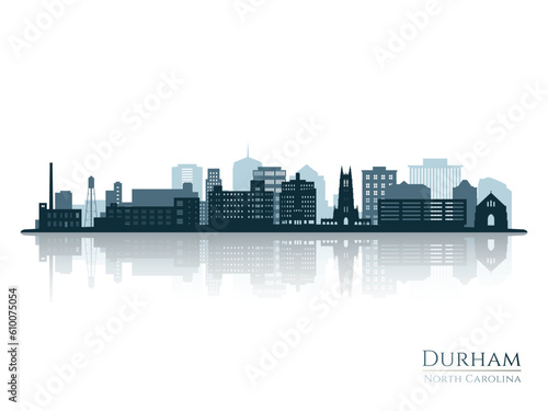 Durham skyline silhouette with reflection. Landscape Durham NC. Vector illustration.