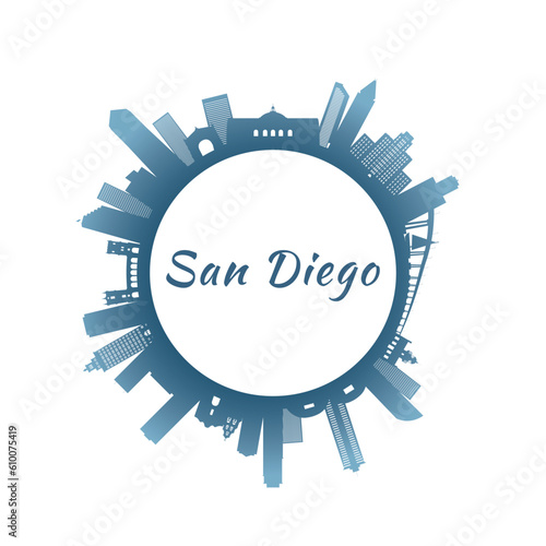 San Diego skyline with colorful buildings. Circular style. Stock vector illustration.