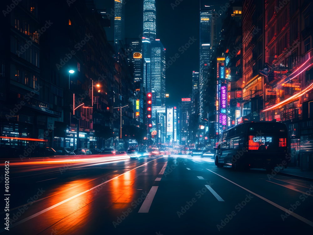 Nighttime Visions: Experience the Allure of a Vibrant City Street After Dark