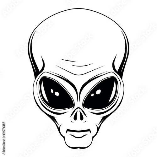 Alien. Vector illustration of a sketch humanoid head. Ufo. Paranormal fantasy emblem