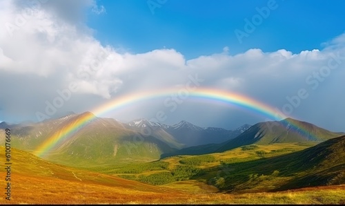  two rainbows in the sky over a mountain range with grass and trees in the foreground and a blue sky with white clouds in the background. generative ai