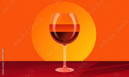  a glass of wine sitting on a table in front of an orange background with the sun shining down on the wine glass in the foreground. generative ai