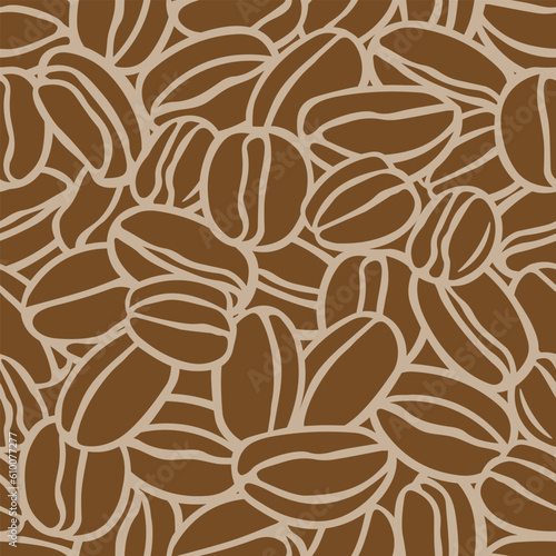 Brown hand drawn vector illustration of group of coffee beans. Seamless pattern