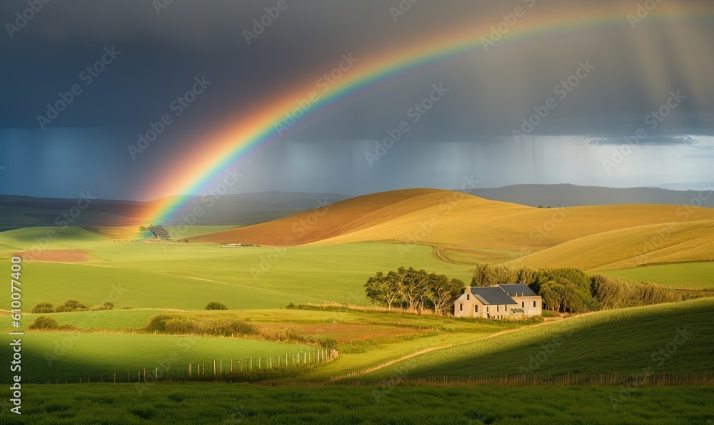Naklejka premium a house in a field with a rainbow in the sky above it and a rainbow in the sky over the grass and a house in the distance. generative ai