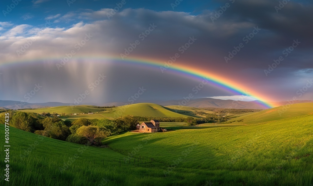 a rainbow appears over a green field with a house in the foreground and mountains in the distance with a blue sky and clouds above. generative ai a rainbow appears over a green field with a house in the foreground and mountains in the distance with a blue sky and clouds above. generative ai