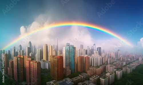  a rainbow over a city with tall buildings and a rainbow in the middle of the sky over a river and a city with tall buildings and a rainbow in the middle of the sky. generative ai