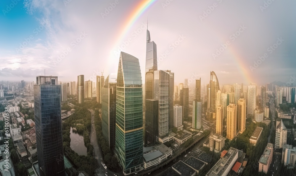  a double rainbow over a city with tall buildings and a river in the foreground and a rainbow in the middle of the sky above.  generative ai