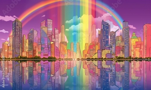  a rainbow over a city with a rainbow in the middle of the sky and a rainbow in the middle of the water with a reflection of the city.  generative ai © Anna