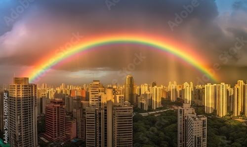  a rainbow over a city with tall buildings and a rainbow in the sky over the city with tall buildings and a rainbow in the sky over the city. generative ai