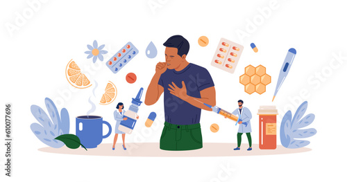 Character Sneezing and Coughing. Prevention against Virus and Infection.Young Man Having a Cold. Flu and Sickness Concept. Doctors Treat Patient with Pills, Capsules. Influenza Treatment