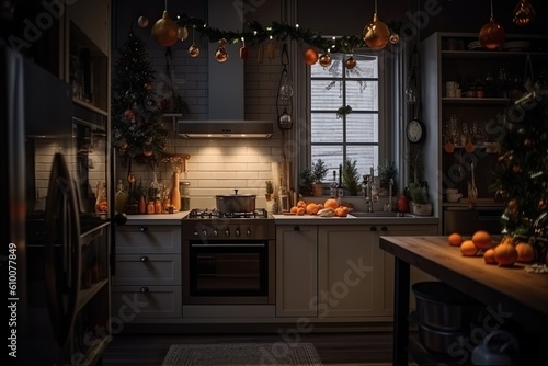 Cozy kitchen decorated for Christmas holiday. Home interior as background. Cooking and preparation for festive Xmas dinner. Generative AI.
