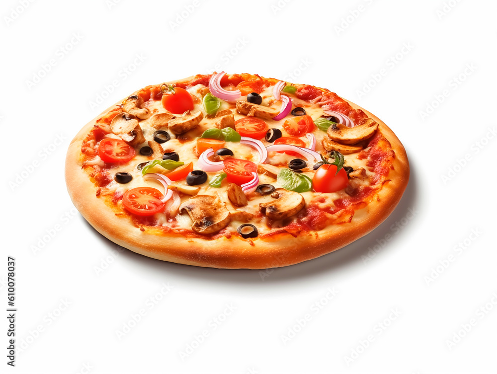 Pizza with mushrooms, olives and tomatoes isolated on white background.AI Generated