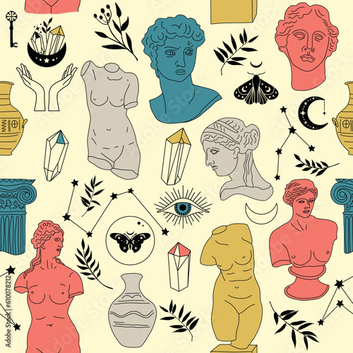 Seamless pattern Greek ancient sculpture mystic. Hand drawn illustrations of antique classic statues in trendy bohemian style. Boho tattoo art. Heads, branch, vase, column, hands, body, stars.