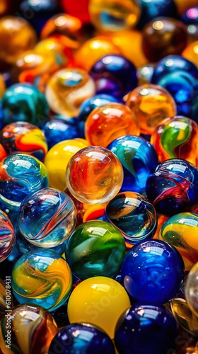 A pile of colorful marbles sitting on top of a table. Generative AI.