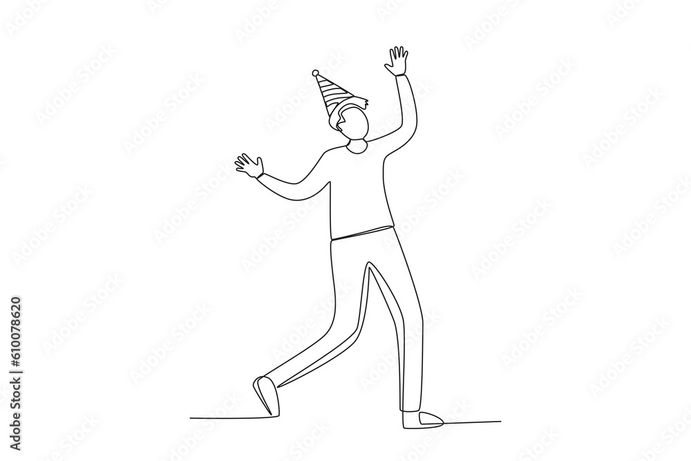 A man wearing a birthday hat. Birthday party one-line drawing A man wearing a birthday hat. Birthday party one-line drawing