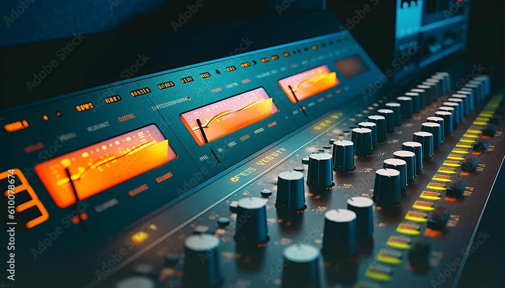 VU meter on audio mixing console meter bridge and knobs. Recording