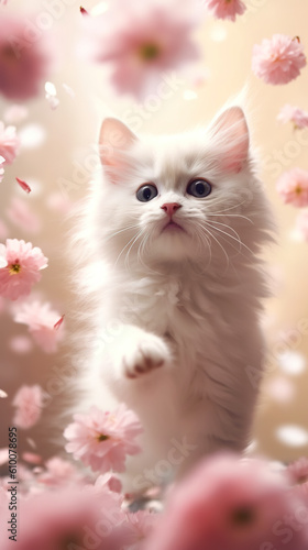A white cat standing in a field of pink flowers. Generative AI. © Friedbert