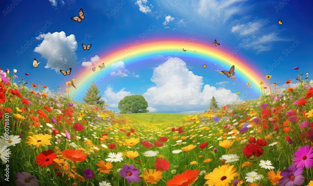  a field full of flowers with a rainbow in the sky in the background and a tree in the middle of the field with a rainbow in the middle.  generative ai