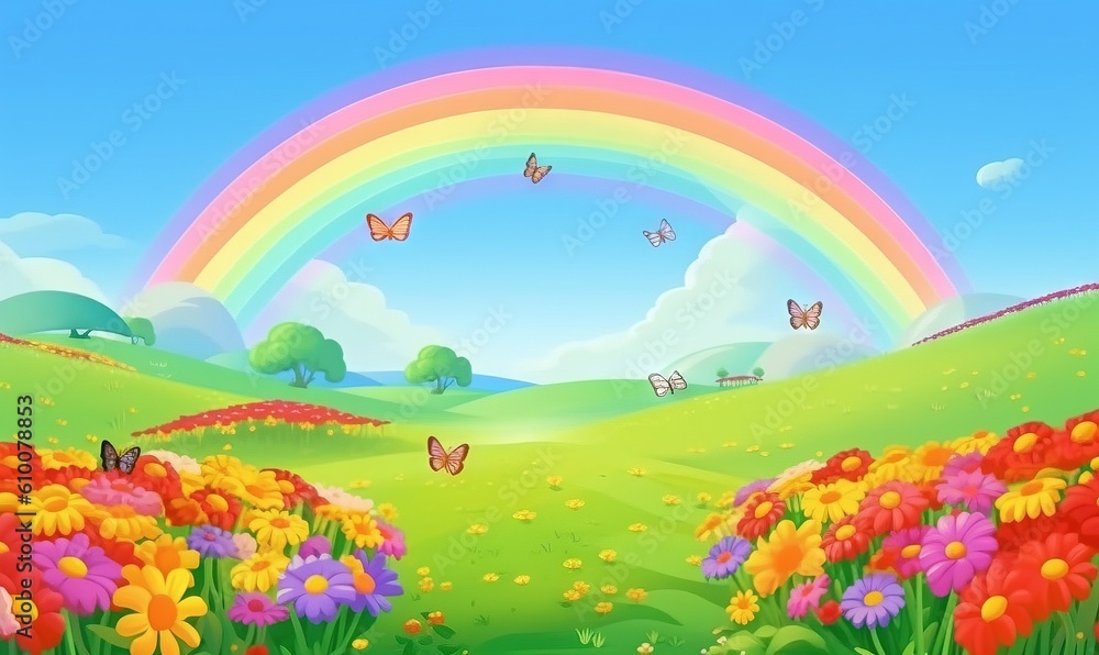  a rainbow in the sky above a field of flowers and butterflies with a rainbow in the background of the sky and a rainbow in the sky.  generative ai