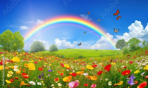  a field of flowers with a rainbow in the sky in the background and butterflies in the sky above the grass and flowers in the foreground.  generative ai