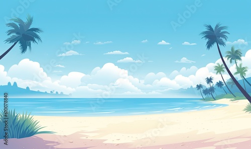  a beach scene with palm trees and the ocean in the background with a blue sky with clouds and a few white clouds in the sky. generative ai