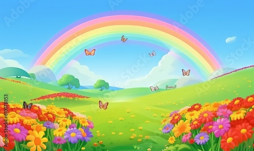  a rainbow in the sky above a field of flowers and butterflies with a rainbow in the background of the sky and a rainbow in the sky. generative ai