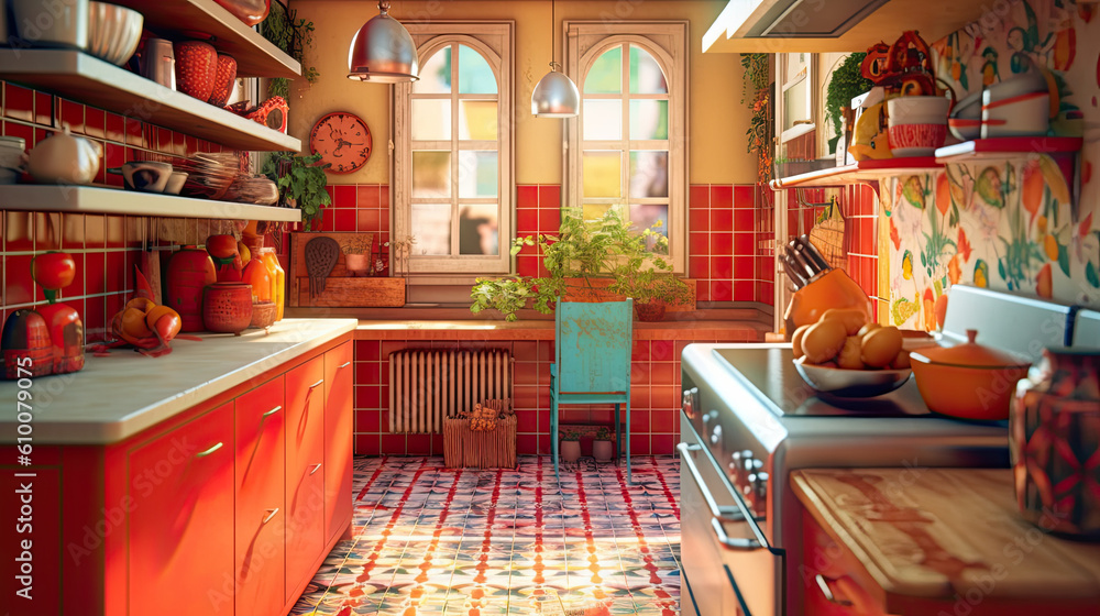 A bright and cheerful kitchen with a retro-inspired design. The room features a colorful tiled backsplash and vintage appliances. The walls are painted in a sunny yellow color. Generated with AI techn