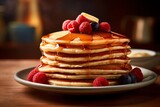 A stack of pancakes or flapjack with maple syrup, berries and butter on a wooden background. AI generated
