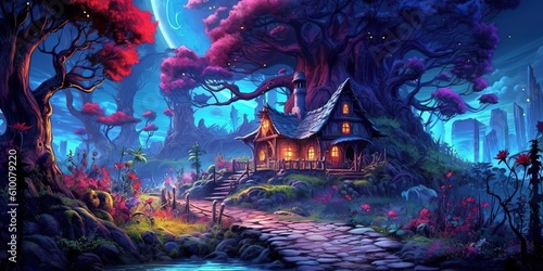 anime illustration scenery background wallpaper, old ancient village street among mushroom forest, Generative Ai