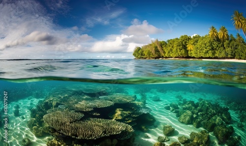  an underwater view of a coral reef and a tropical island in the distance with blue sky and clouds above the water and under the water surface.  generative ai