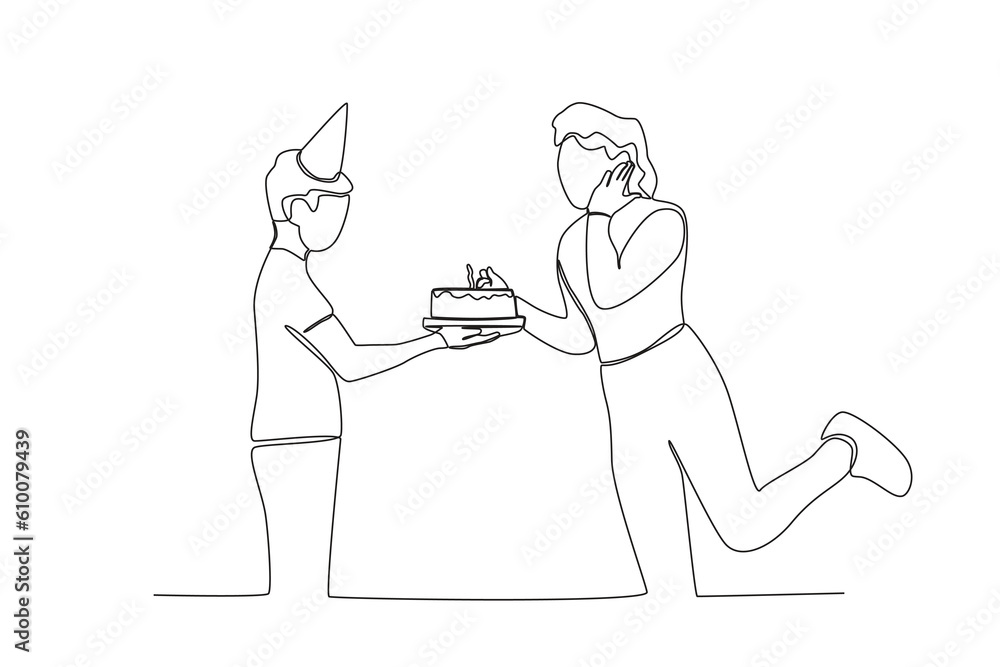 A man surprises his birthday friend. Birthday party one-line drawing