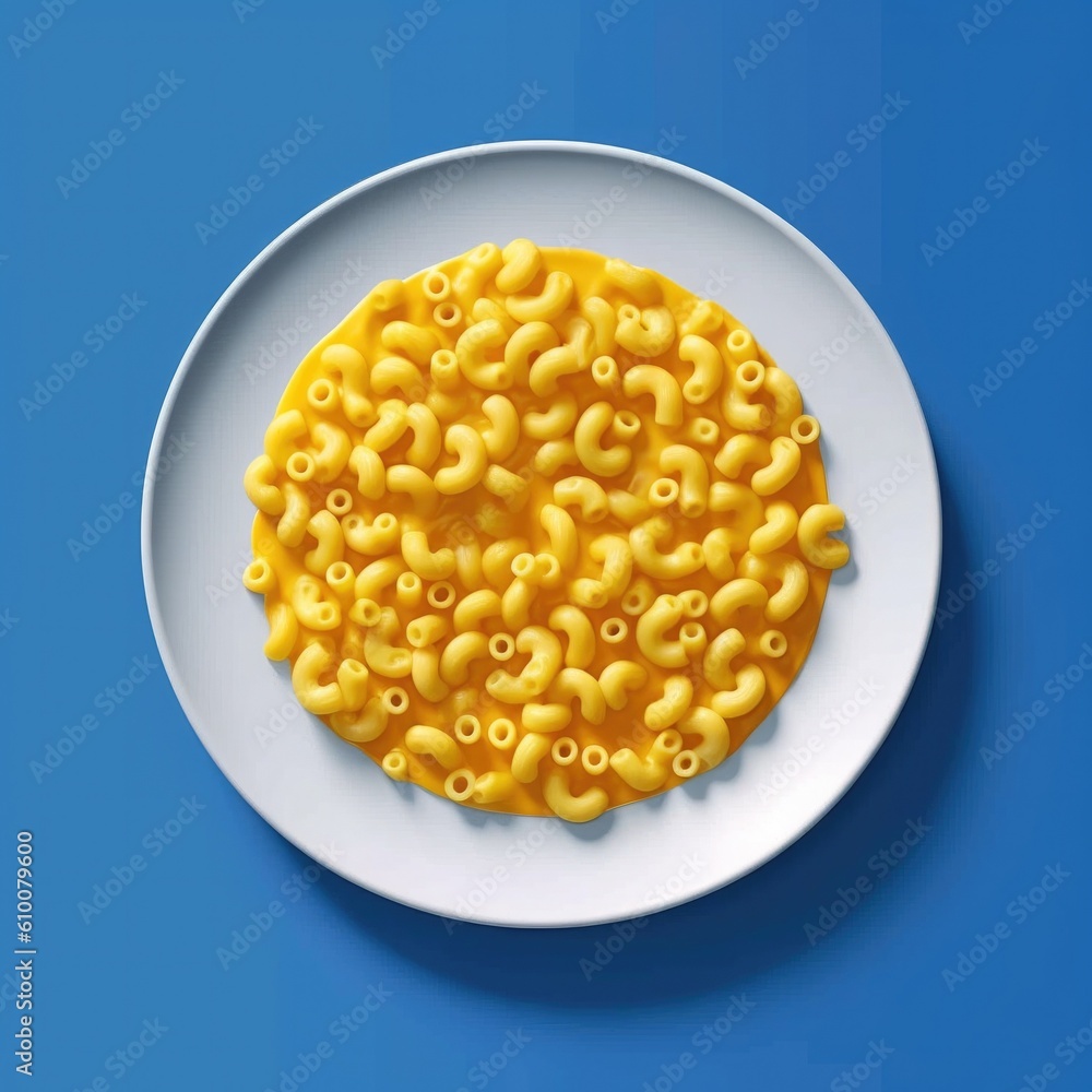 Delicious Plate of Macaroni and Cheese Isolated on a Blue Background. Generative AI Delicious Plate of Macaroni and Cheese Isolated on a Blue Background. Generative AI