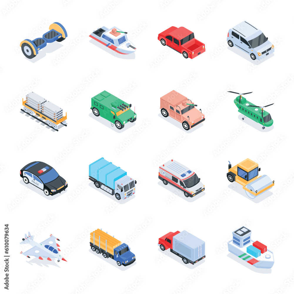 Fototapeta premium Bundle of Modern Vehicles Isometric Icons
