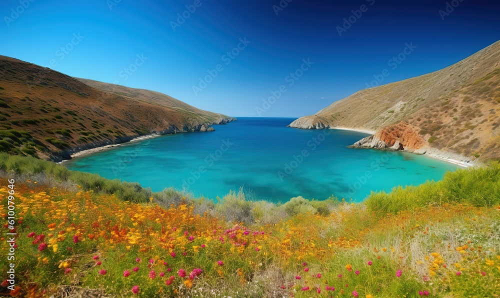  a blue body of water surrounded by hills and flowers on a sunny day with a blue sky and a few clouds in the distance,.  generative ai