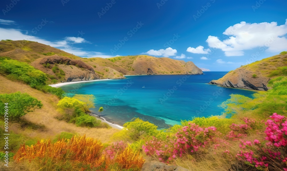 a beautiful view of a blue ocean surrounded by lush green hills and colorful flowers on a sunny day with a blue sky and white clouds. generative ai a beautiful view of a blue ocean surrounded by lush green hills and colorful flowers on a sunny day with a blue sky and white clouds. generative ai
