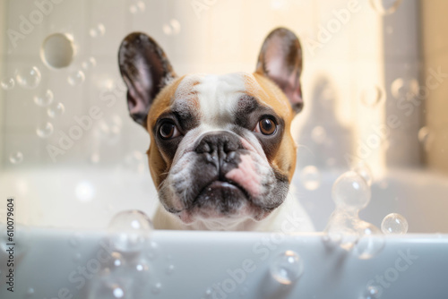 French bulldog in bathtub, soap foam flying all around. AI generative