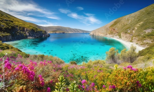  a beautiful blue lake surrounded by green hills and flowers on the shore of a mountain lake in the middle of a valley with a white sandy beach. generative ai