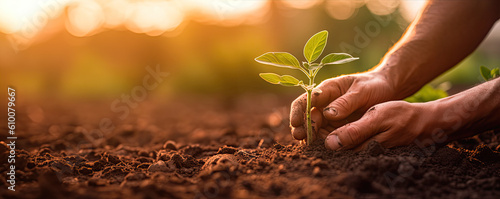 Farmer's hands plant a sprout. business concept of crop production. farmer's hands planting sprout in the suburbs, start gardening seasonal farming work. business agriculture. Generative AI