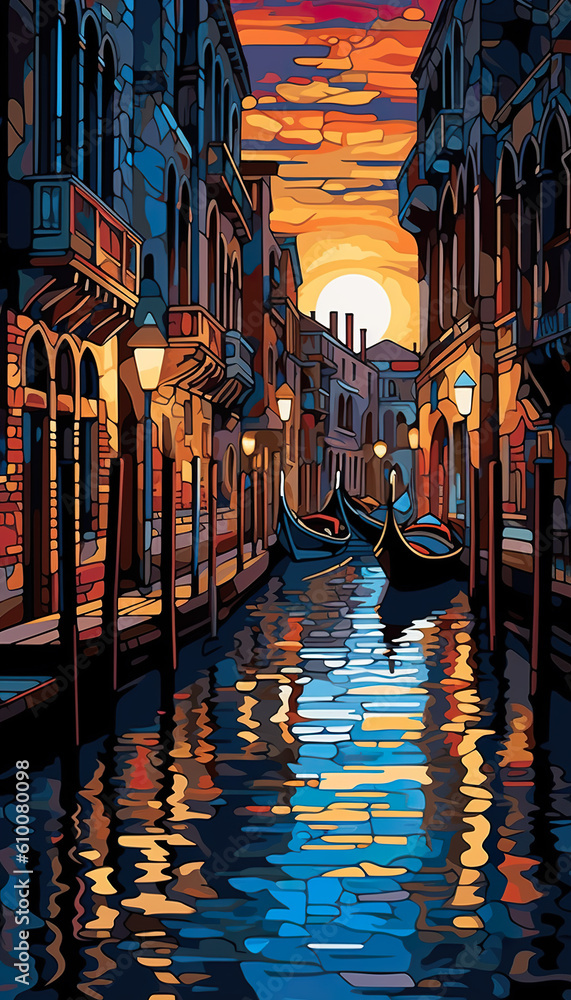 A painting of a canal with gondolas at sunset. Generative AI.