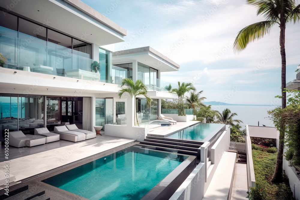 Sea view.Luxury modern white beach hotel with swimming pool. Sunbed on sundeck for vacation home or hotel with ocean view. Generative ai Edited Sea view.Luxury modern white beach hotel with swimming pool. Sunbed on sundeck for vacation home or hotel with ocean view. Generative ai Edited