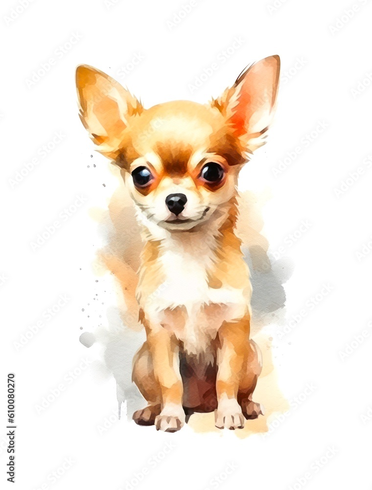 Watercolor cartoon illustration of a cute Chihuahua puppy on white background. Generative AI.