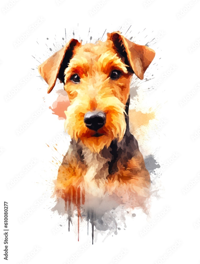 Watercolor cartoon illustration of a cute Airedale Terrier dog on white background. Generative AI.
