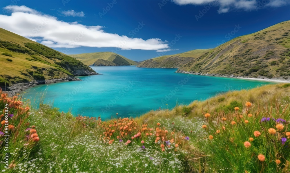 Naklejka premium a beautiful blue lake surrounded by green hills and wildflowers on the side of a hill with a blue body of water in the middle of water. generative ai
