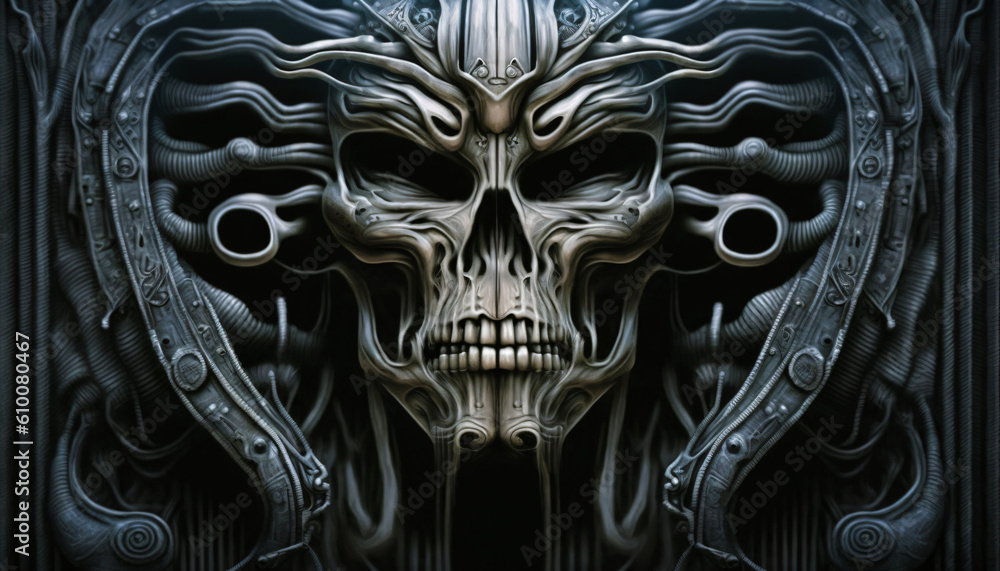 alien fantasy skull with mayan ornaments, generative ai alien fantasy skull with mayan ornaments, generative ai