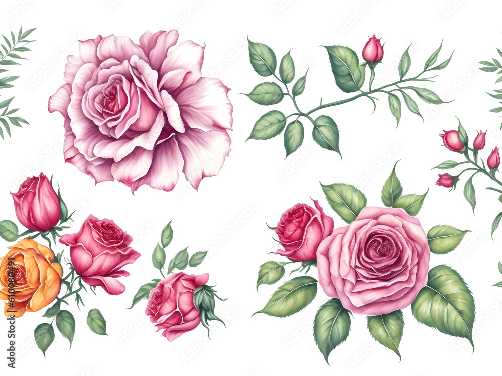 set of watercolor rose on transparent background, generative ai