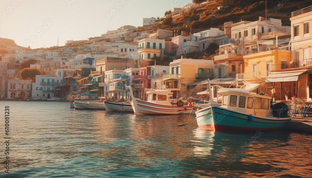 Sailing ship moored at tranquil fishing village, Greek culture abounds generated by AI