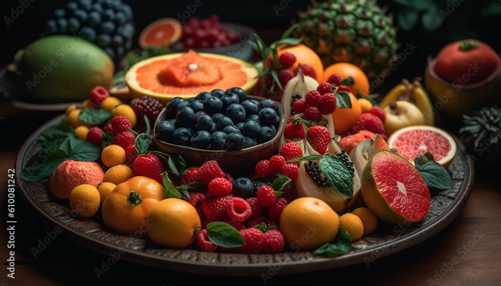 A bowl of fresh, multi colored berry fruit on a wooden table generated by AI A bowl of fresh, multi colored berry fruit on a wooden table generated by AI