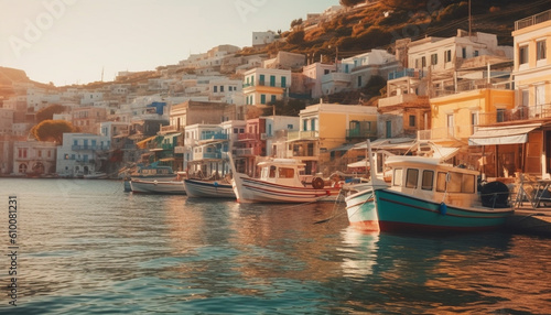 Sailing ship moored at tranquil fishing village, Greek culture abounds generated by AI
