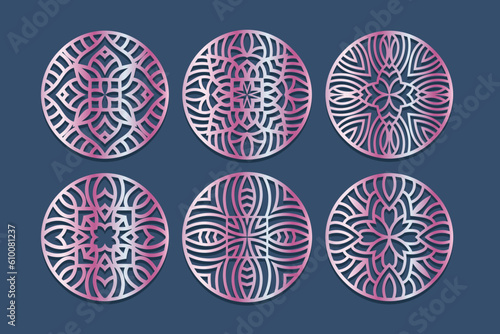 Lotus Mandala Vector Template Set for Cutting and Printing. Oriental silhouette ornament. Vector coaster design Bundle	